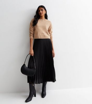 Black Satin Pleated Midi Skirt New Look