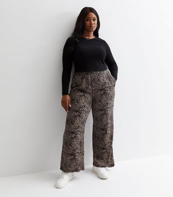 Curves Brown Animal Print Jersey Wide Leg Trousers New Look