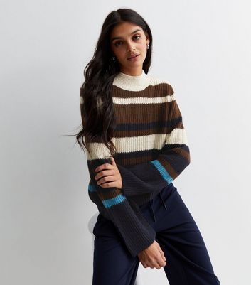 Brown Stripe Knit High Neck Jumper New Look
