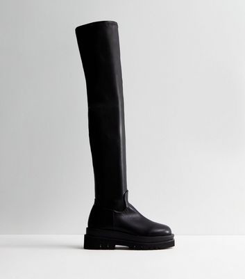 Black Leather-Look Stretch Thigh High Boots New Look