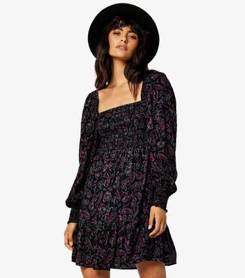 Black Paisley Print Puff Sleeve Mini Dress New Look