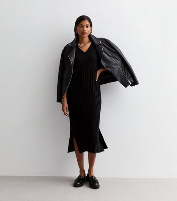 Black Ribbed Knit Split Hem Midi Dress New Look