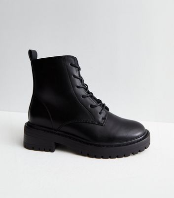 Black Leather-Look Chunky Lace Up Boots New Look
