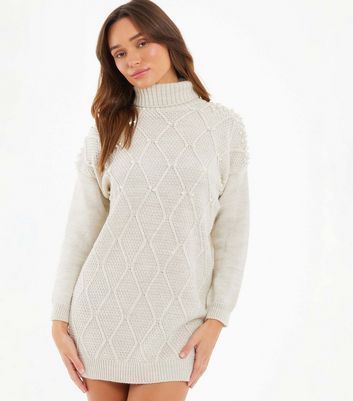 Stone Cable Knit Roll Neck Mini Dress New Look