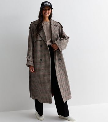 Brown Dogtooth Belted Trench Coat New Look