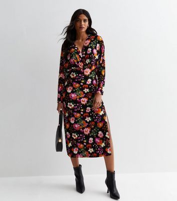 Black Abstract Floral Wrap Midi Dress New Look