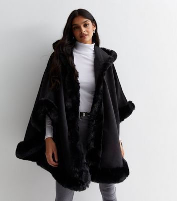 Black Faux Fur Trim Hooded Cape New Look