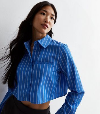 Blue Stripe Long Sleeve Crop Shirt New Look