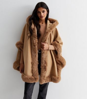 Camel Faux Fur Trim Hooded Cape New Look