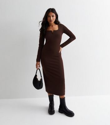 Petite Dark Brown Ribbed Jersey Long Sleeve Midaxi Dress New Look