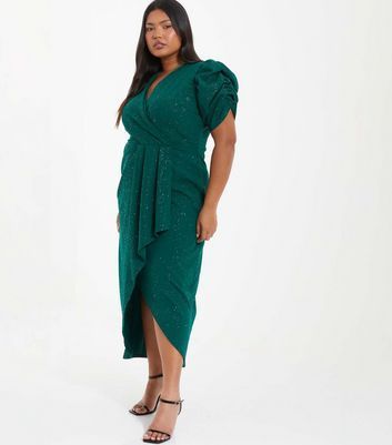 Curves Dark Green Glitter Wrap Ruched Midaxi Dress New Look