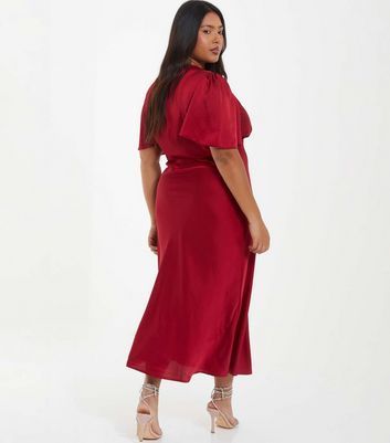 Curves Dark Red Satin Midi Dress New Look