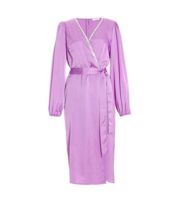 Light Purple Satin Sequin Trim Wrap Midi Dress New Look