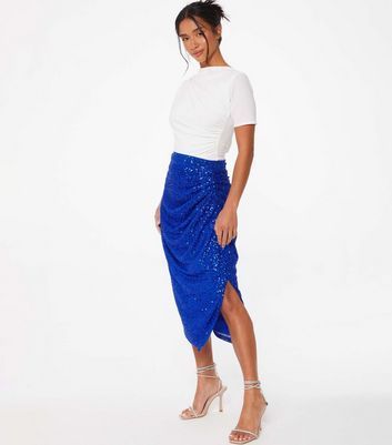 Petite Bright Blue Sequin Ruched Midi Skirt New Look
