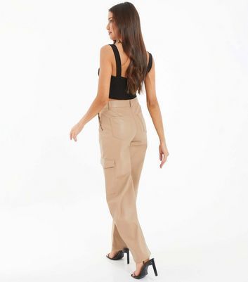 Stone Leather-Look Wide Leg Cargo Trousers New Look