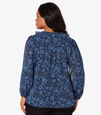 Curves Blue Floral Ruffle V Neck Top New Look
