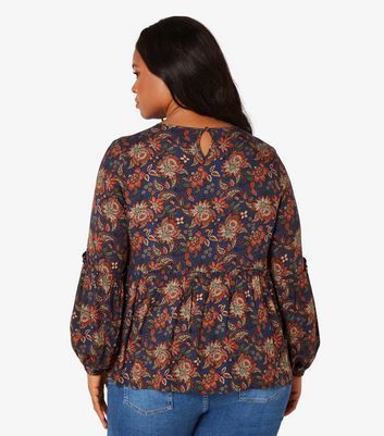 Curves Navy Floral Ruffle Hem Top New Look