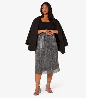 Curves Pale Grey Plissé Midi Skirt New Look