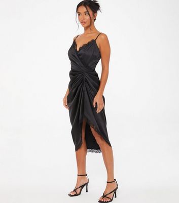 Petite Black Satin Ruched Wrap Midi Dress New Look
