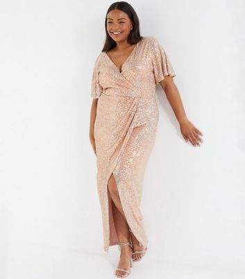 Curves Pale Pink Sequin Wrap Maxi Dress New Look
