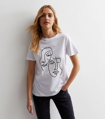 White Cotton Metallic Sketch Face Logo T-Shirt New Look