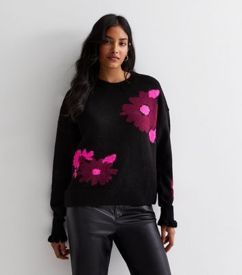 Black Floral Frill Knitted Jumper New Look