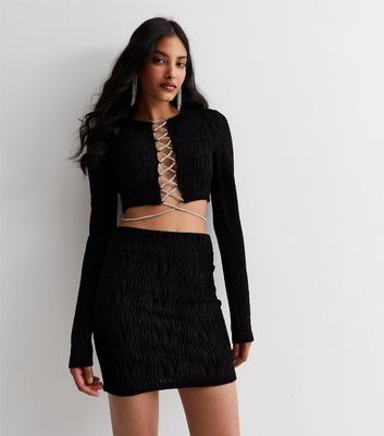 Black Textured Lace Up Top New Look