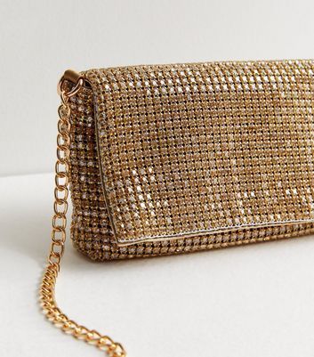 Gold Diamanté Slouch Clutch Bag New Look