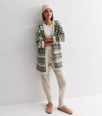 White Abstract Knit Belted Cardigan New Look