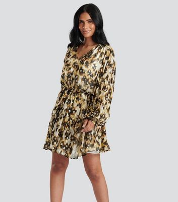 Brown Metallic Leopard Print Belted Mini Dress New Look