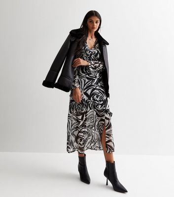 Black Swirl Print Chiffon V Neck Midaxi Dress New Look
