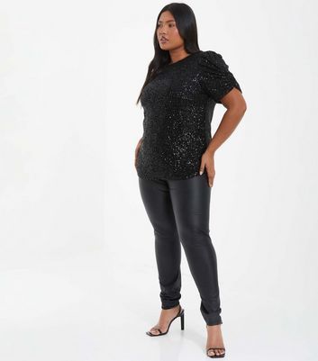 Curves Black Sequin Puff Sleeve Top New Look