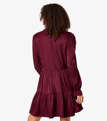 Burgundy Long Sleeve Tiered Mini Shirt Dress New Look