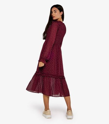 Burgundy Spot Shirred Midaxi Smock Dress New Look