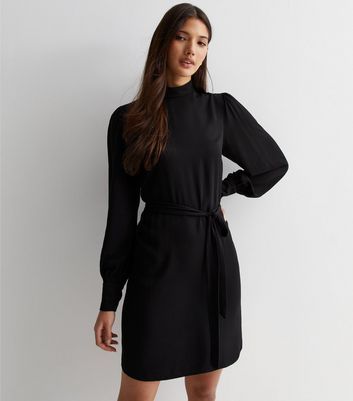 Black High Neck Long Sleeve Belted Mini Dress New Look