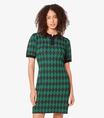 Green Geometric Knit Polo Mini Dress New Look