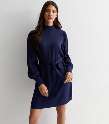 Navy High Neck Long Sleeve Belted Mini Dress New Look
