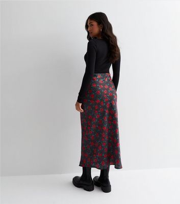 Petite Black Rose and Spot Print Satin Midaxi Skirt New Look
