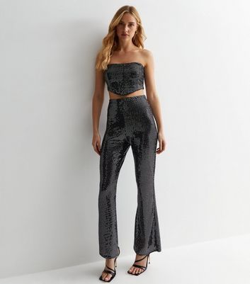 Black Sequin Flared Trousers New Look