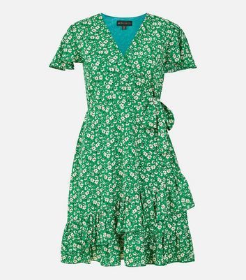 Green Floral Frill Mini Wrap Dress New Look