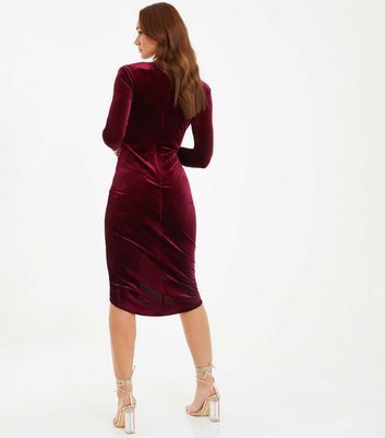 Burgundy Velvet Long Sleeve Frill Bodycon Midi Dress New Look