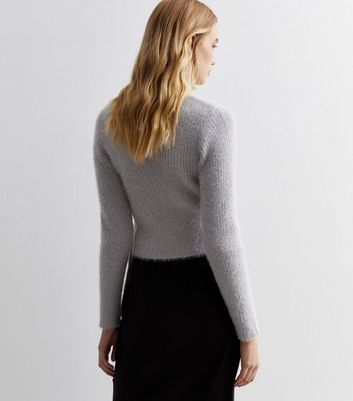 Pale Grey Fluffy Wrap Jumper New Look