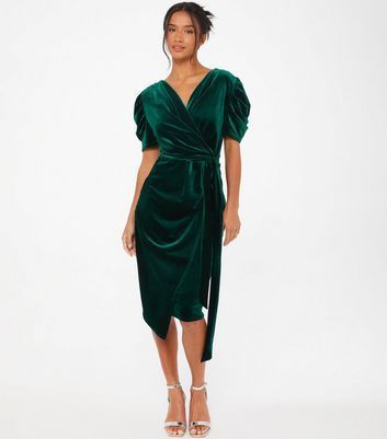 Petite Dark Green Velvet Puff Sleeve Wrap Midi Dress New Look