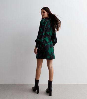 Green Abstract Print High Neck Belted Mini Dress New Look