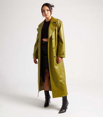 Green Leather-Look Belted Trench Coat New Look