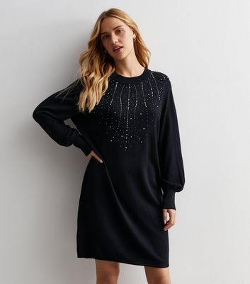 Black Embellished Knit Mini Jumper Dress New Look