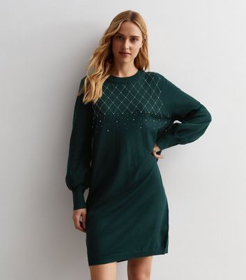 Dark Green Embellished Knit Mini Jumper Dress New Look