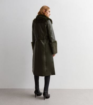 Olive Leather-Look Faux Fur Trim Coat New Look