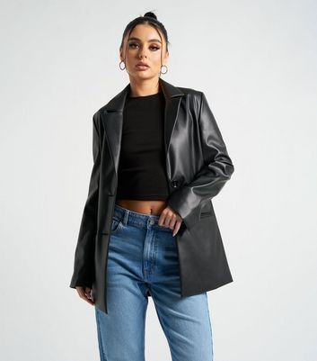 Black Leather-Look Blazer New Look