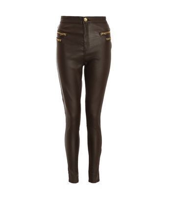 Dark Brown Leather-Look Zip Skinny Trousers New Look